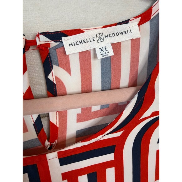 Michelle McDowell XL Red White Blue Geometric Ruffle Sleeve Tiered Mini Dress - Picture 3 of 5
